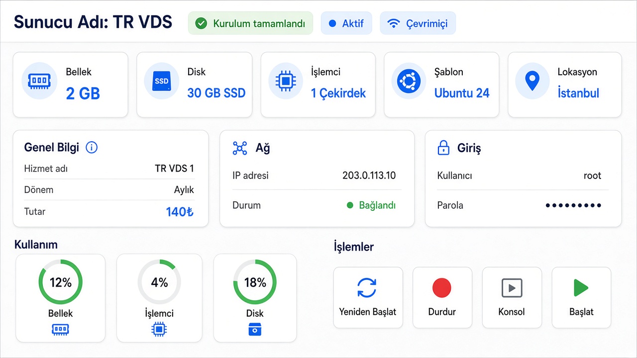 Sunucu paneli örneği: bellek, disk, işlemci, konsol